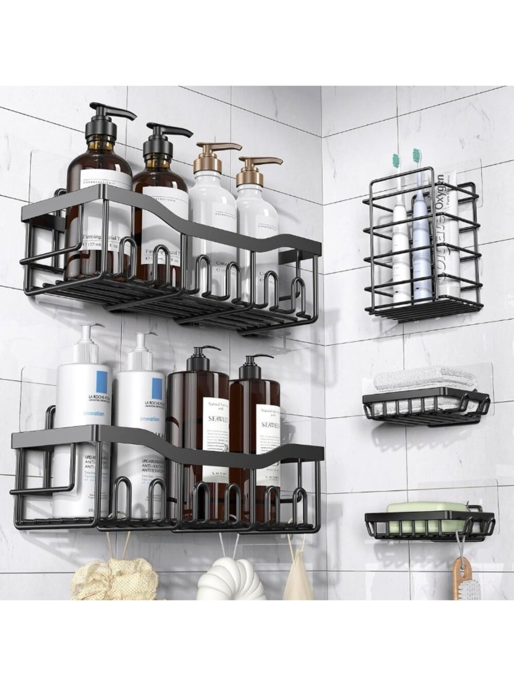 Rustproof Stainless Steel Shower Caddy Set, 5 Pack Adhesive Bath Organizers, No